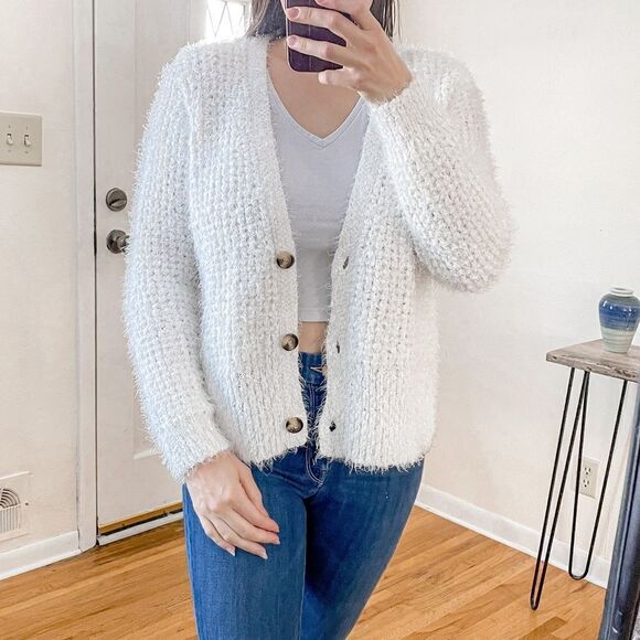 Catherine Malandrino Eyelash Cardigan Button Up White L - Picture 7 of 7